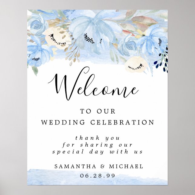 Poster Florale Bleue et Or Bienvenue à notre panneau Mari (Devant)