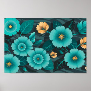 Poster Florale turquoise et or avec Feuilles vert foncé