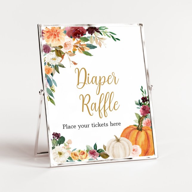 Poster Flore Bourgogne Citrouille Baby shower Déchets Raf (Pumpkin Baby Shower Diaper Raffle Sign)
