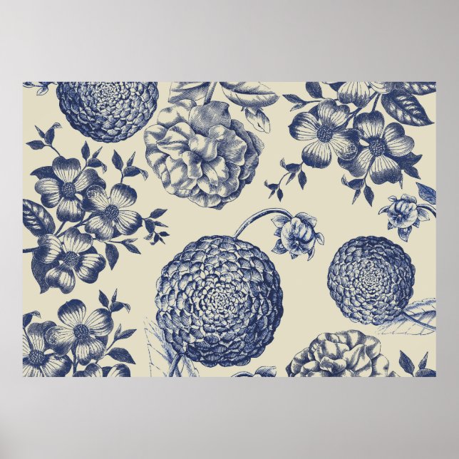 Poster Flore d'impression florale de fleurs bleues antiqu (Devant)