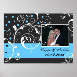 Poster Flore feuille de défilement noir bleu mariage phot