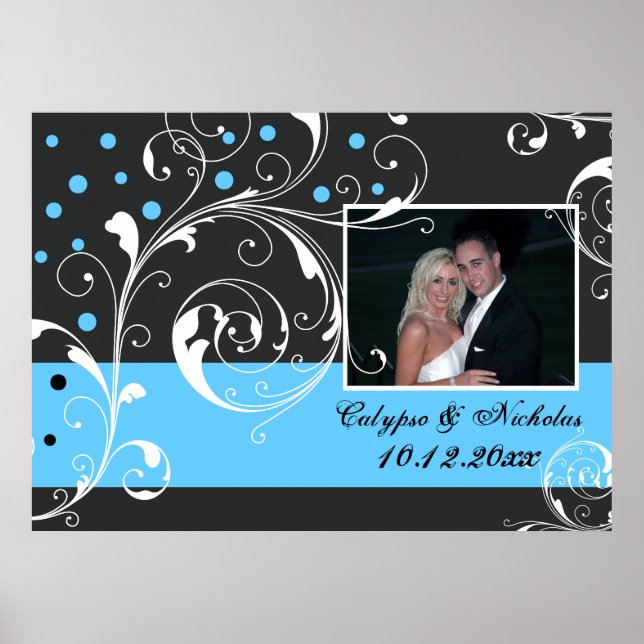 Poster Flore feuille de défilement noir bleu mariage phot (Devant)