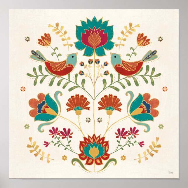Poster Flore Folk Avec Oiseaux (Devant)