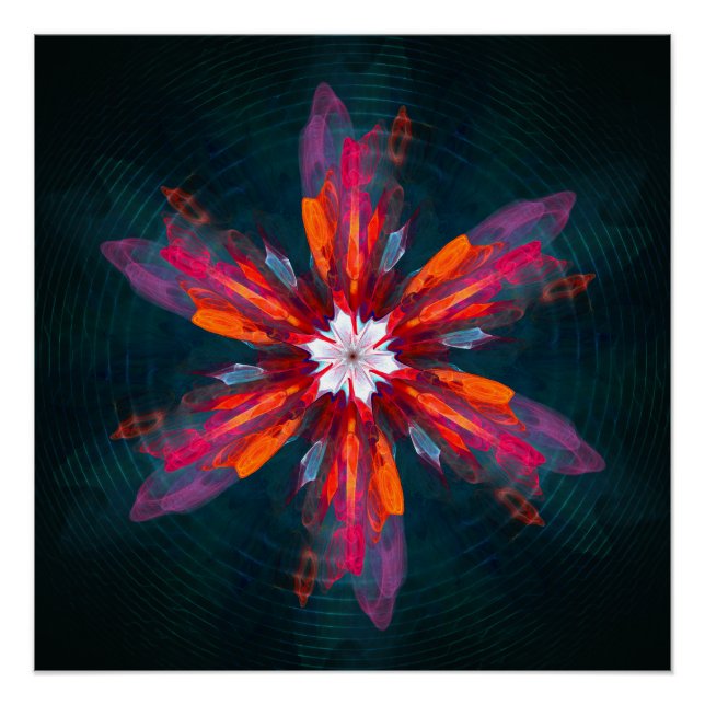 Poster Flore Mandala Flowers Orange Red Blue Abstract (Devant)