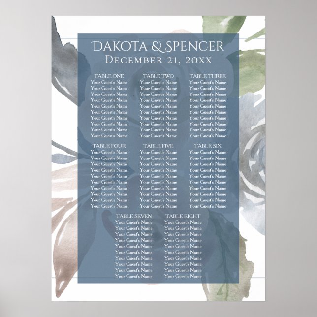 Poster Flore poussiéreux | Carte de siège Mariage Pastel  (Devant)