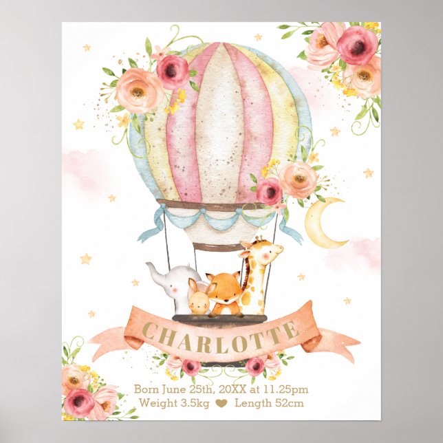 Poster Flore rose Hot Air Balloon Animaux Statistiques de (Devant)