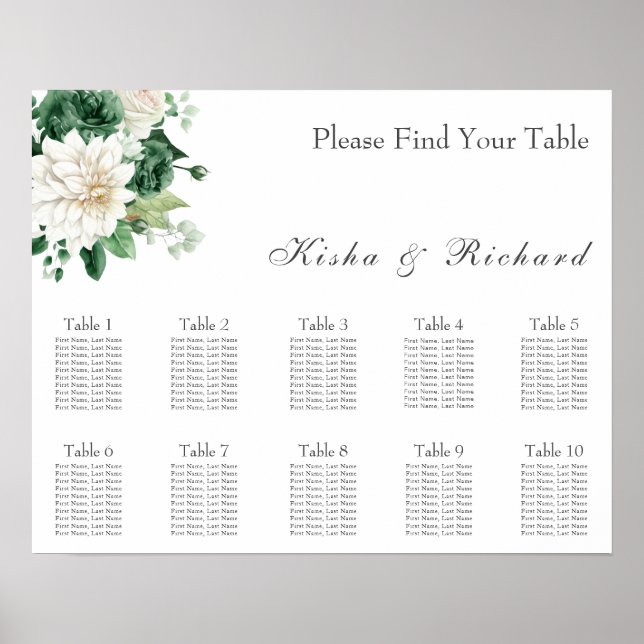 Poster Flore verte moderne 10 places assises Mariage Tabl (Devant)