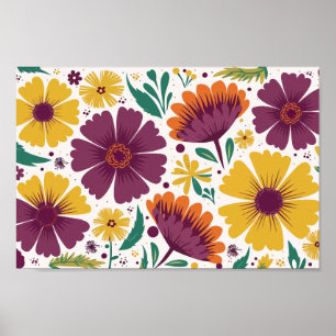 Poster Flore vive avec fleurs violettes et jaunes