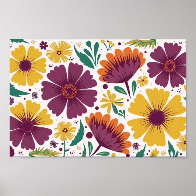 Poster Flore vive avec fleurs violettes et jaunes (Devant)