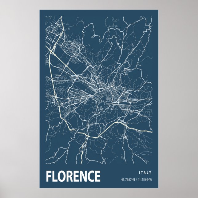 Poster Florence Italie Plan Ville Ligne Art Bleu Imprimer (Devant)