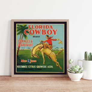 Poster Florida Cowboy Marque Oranges et Étiquette de pamp
