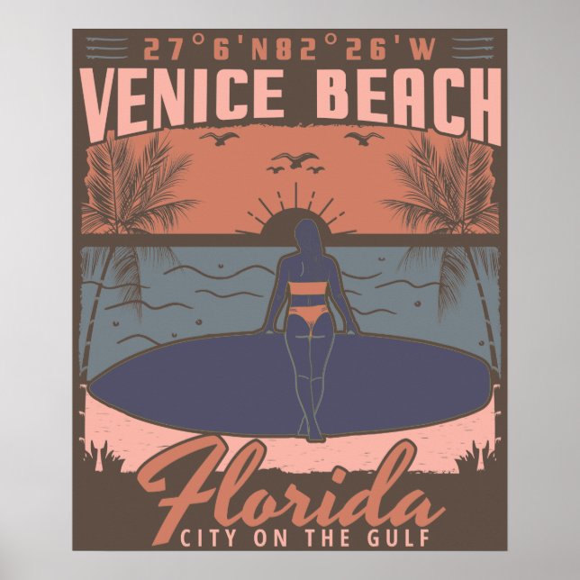 POSTER FLORIDE DE LA PLAGE DE VENISE - FILLE DE SURF. (Devant)