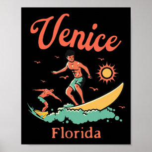Poster Floride Venice Fl Surfeur Surfant Plage Pêche Quai