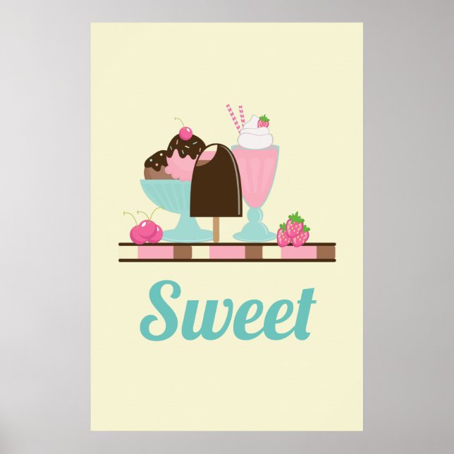 Poster Flotte de crème glacée sucrée Sundae & fraise (Devant)