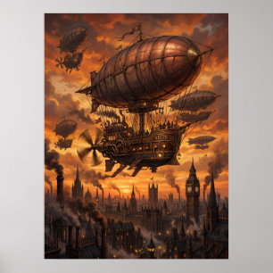 Poster Flotte de dirigeables Steampunk Ville victorienne 