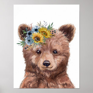 Poster Flower Bear Cub Nursery Enfant Woodland