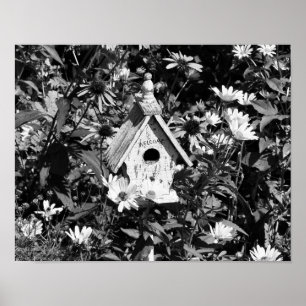 Poster Flower Garden Bird House Noir Blanc Imprimer