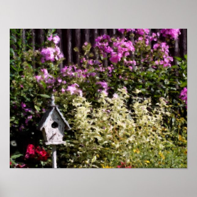 Poster Flower Garden Bird House Pastel Peinture (Devant)
