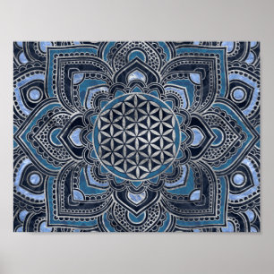 Poster Flower of Life in Lotus - Blue Crystal and Silver