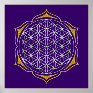 Poster Flower Of Life - Lotus or argent