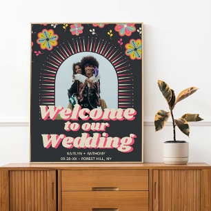Poster Flower Power 70's Retro Super Mariage Welcome