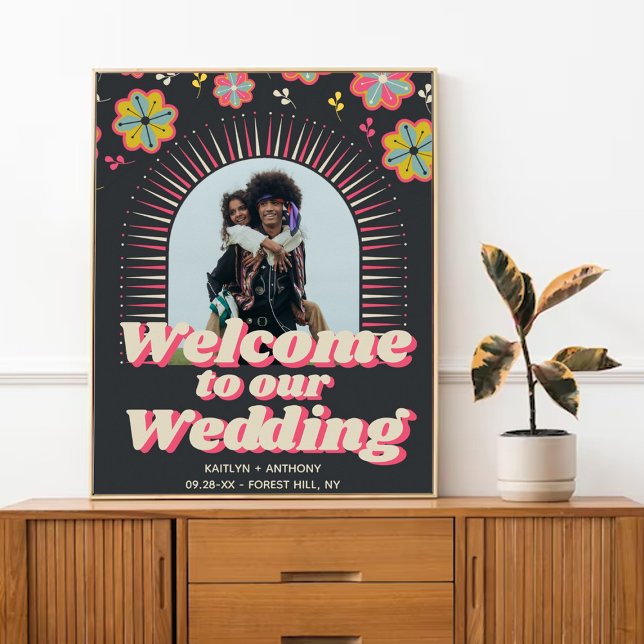 Poster Flower Power 70's Retro Super Mariage Welcome (Créateur téléchargé)