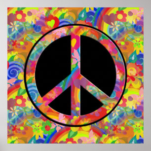 Poster Flower Power arc-en-ciel paix + votre arrière - pl