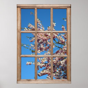 Poster Flowering Cherry Tree View from a Window