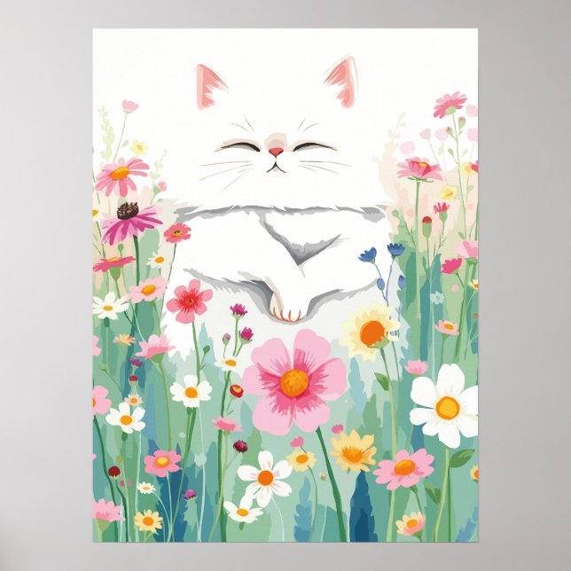 Poster Fluffeux chat blanc dans la prairie fleur sauvage, (Devant)