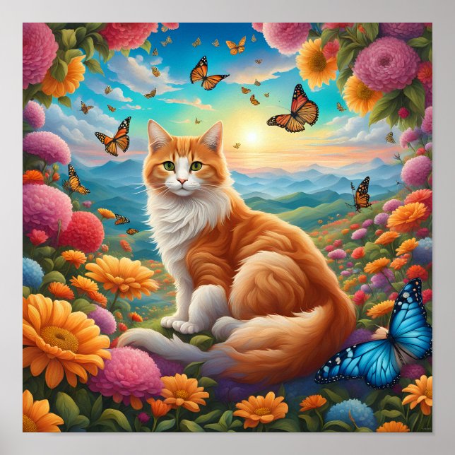 Poster Fluffy Chat assis dans un champ de fleurs (Devant)