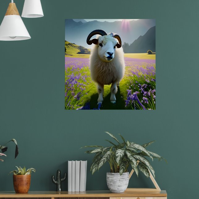 Poster Fluffy Sheep champ de fleurs violettes (Salon 1)