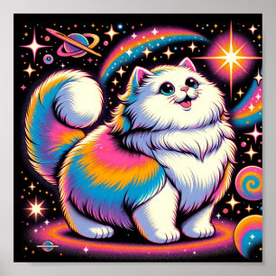 Poster Fluffy White Chat dans l'espace