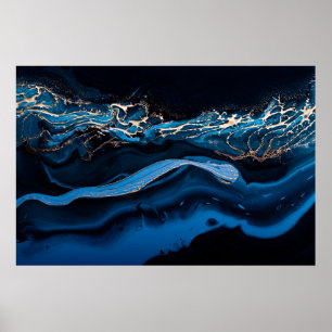 Poster Fluid Art. Liquid Metallic Gold in abstract blue w