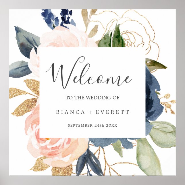 Poster Flush et Navy Flowers | Mariage de bienvenue blanc (Devant)