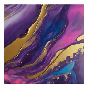 Poster Flux Abstrait Art-Bleu Violet Rose Or-