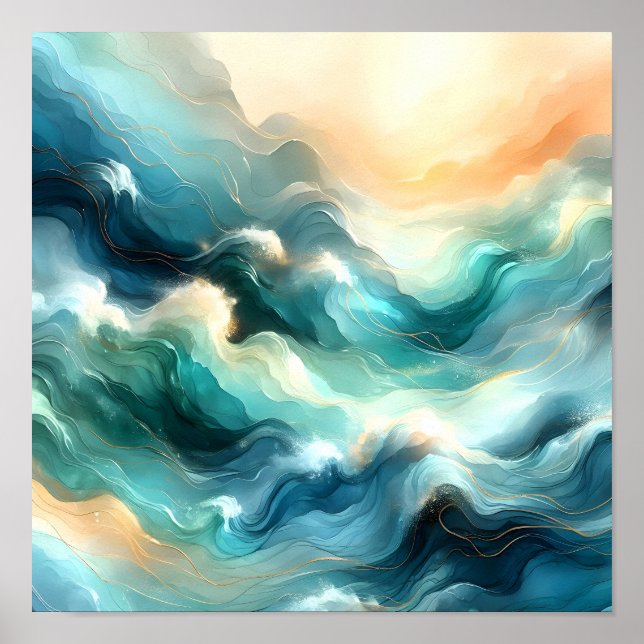 Poster Flux d'océan doré Vagues abstraites (Devant)