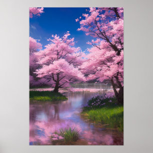 Poster Flux serène au milieu des fleurs de cerisiers