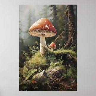 Poster Fly Agaric Mushrooms Print, Woodland Mushroom In