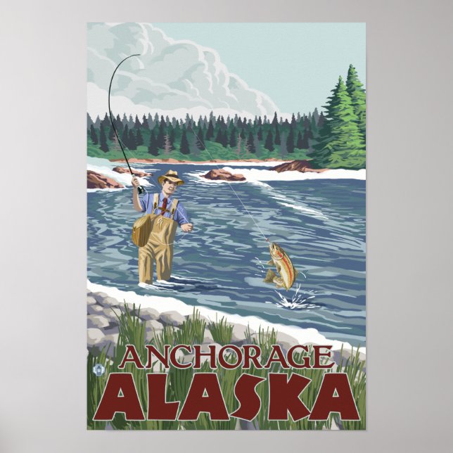 Poster Fly Fisherman - Anchorage, Alaska (Devant)