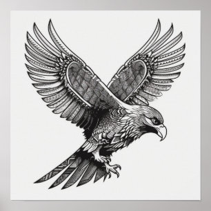 Poster Flying Bald Eagle Black and White Art, Heart Wings