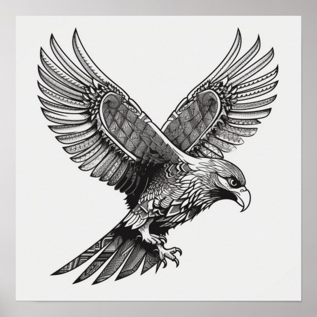 Poster Flying Bald Eagle Black and White Art, Heart Wings (Devant)