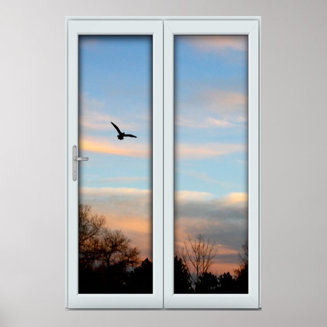 Poster Flying Bird Silhouette Fenêtre avec l'illusion de  (Devant)