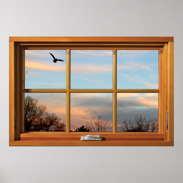 Poster Flying Bird Silhouette Illusion de fenêtre en bois (Devant)