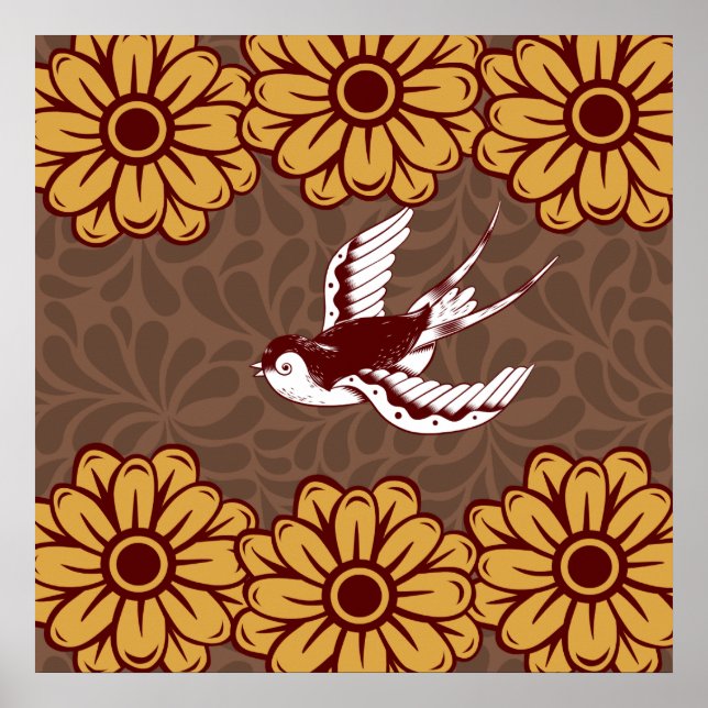Poster Flying Bird with Flowers Damask Pattern (Devant)