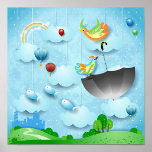Poster Flying birds and umbrella over the city