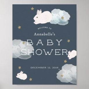 Poster Flying Bunny Stars Clouds Baby Shower Welcome Sign