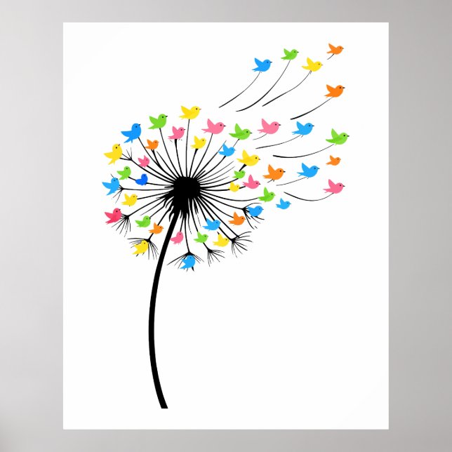 Poster Flying colorful birds dandelion flow (Devant)