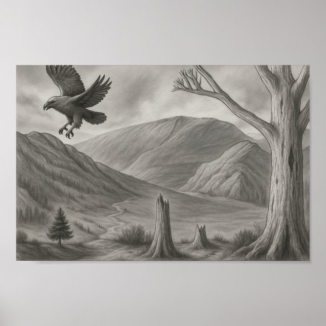 Poster Flying Free – Monochrome Wilderness Sketch Art (Devant)