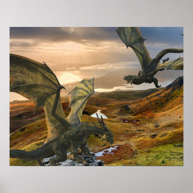 Poster Flying Green Dragon Imaginaire Montagnes (Devant)
