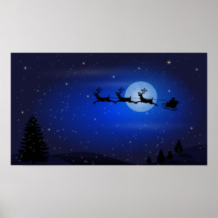 Poster Flying Santa and his reindeers at night